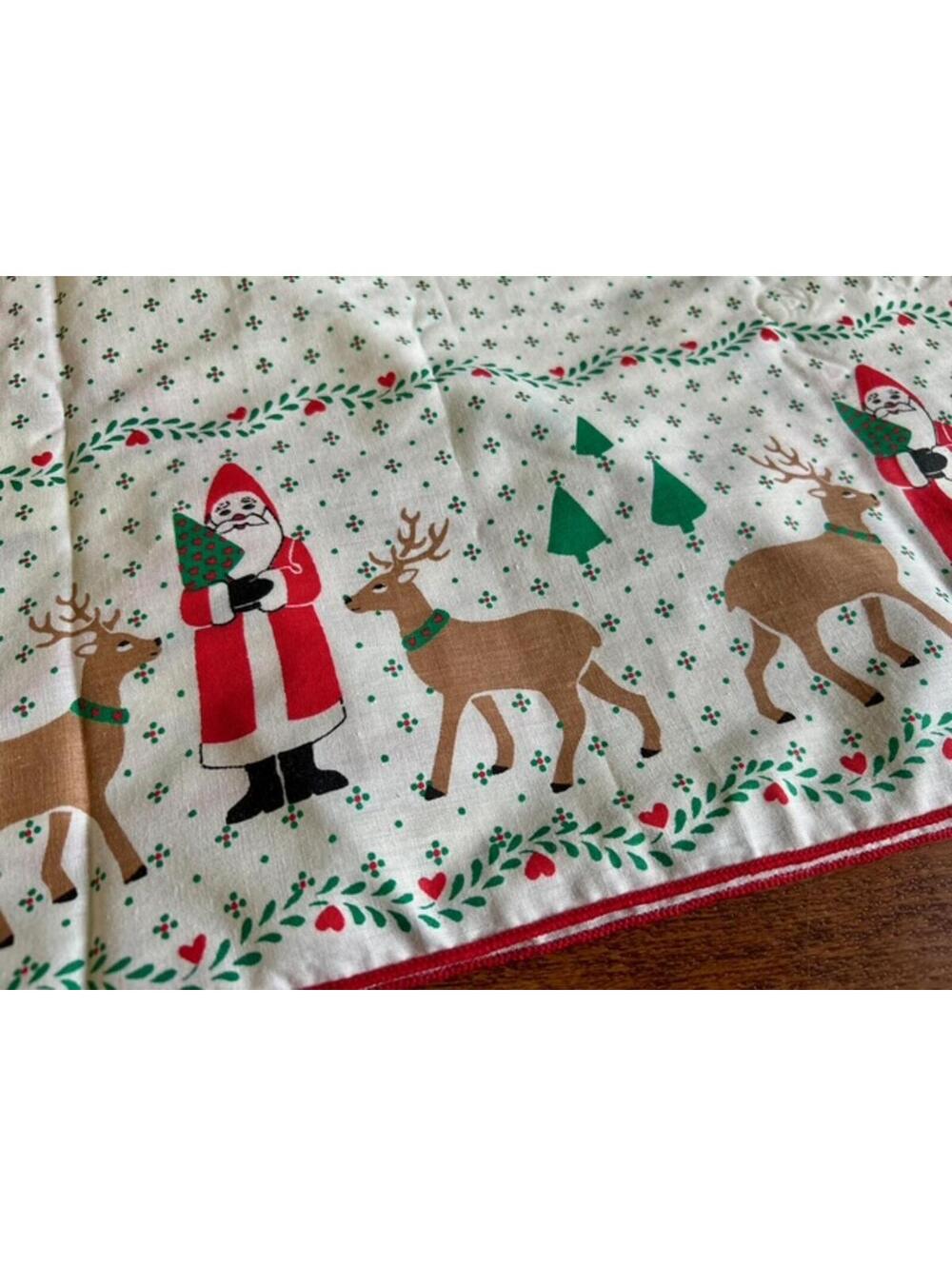 Vintage Christmas Table Runner with Santa and Reindeer Print